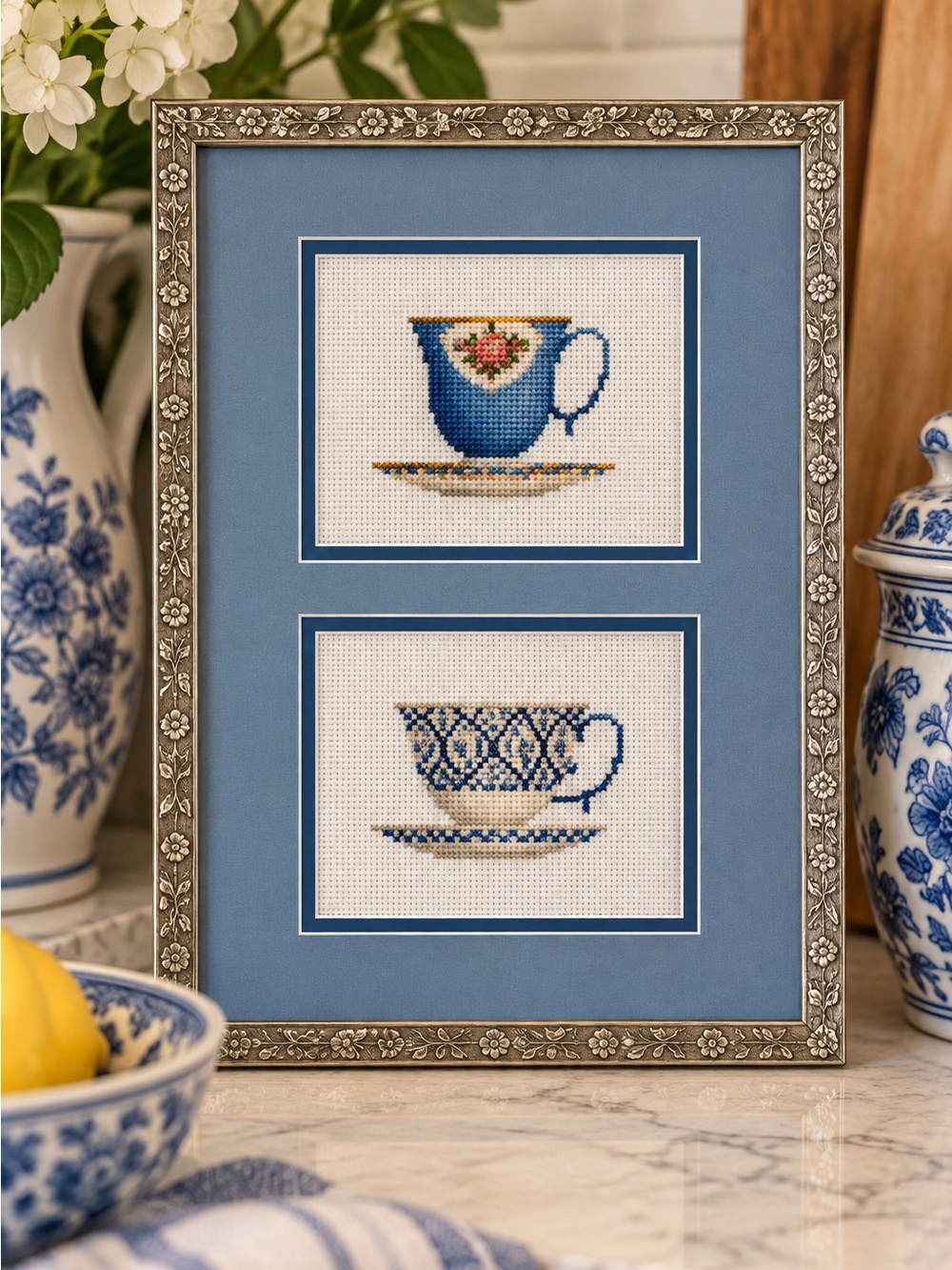 Vintage Framed Teacup Cross Stitch | Blue & White Decor